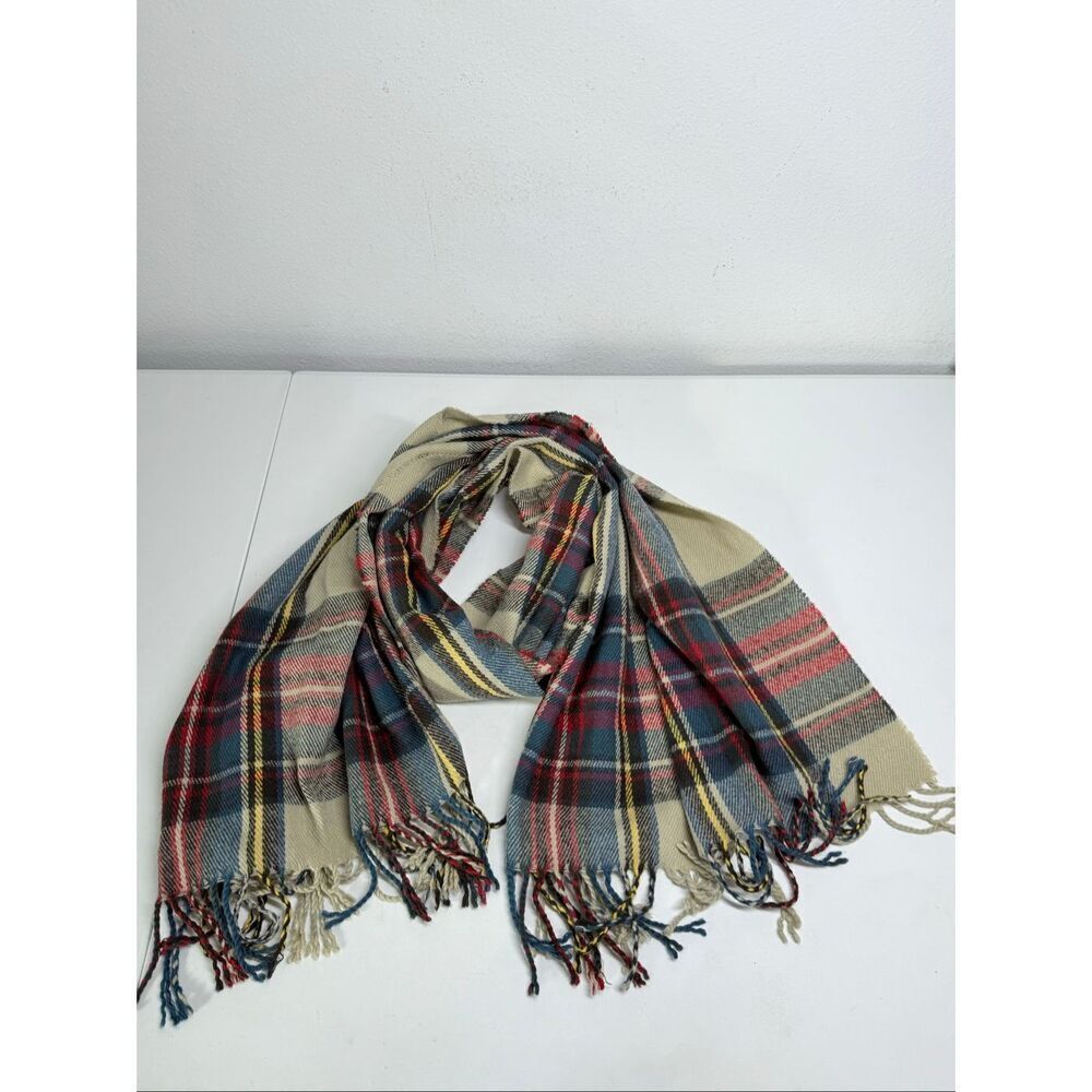 Women's Trendy Plaid Blanket Wrap Scarf Fringe Ivory Navy Red Green 75”X25” Note
